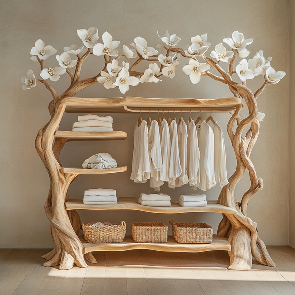Blossom Tree Wooden Wardrobe Rack - Handcrafted Open Closet with Floral Carving