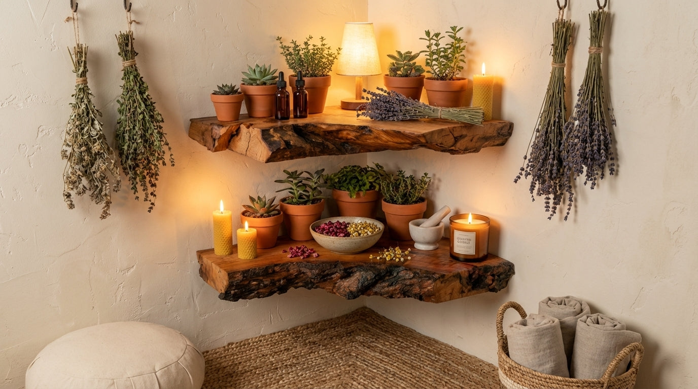 Driftmark Live-Edge Corner Floating Shelf — Nature, Turned Gently