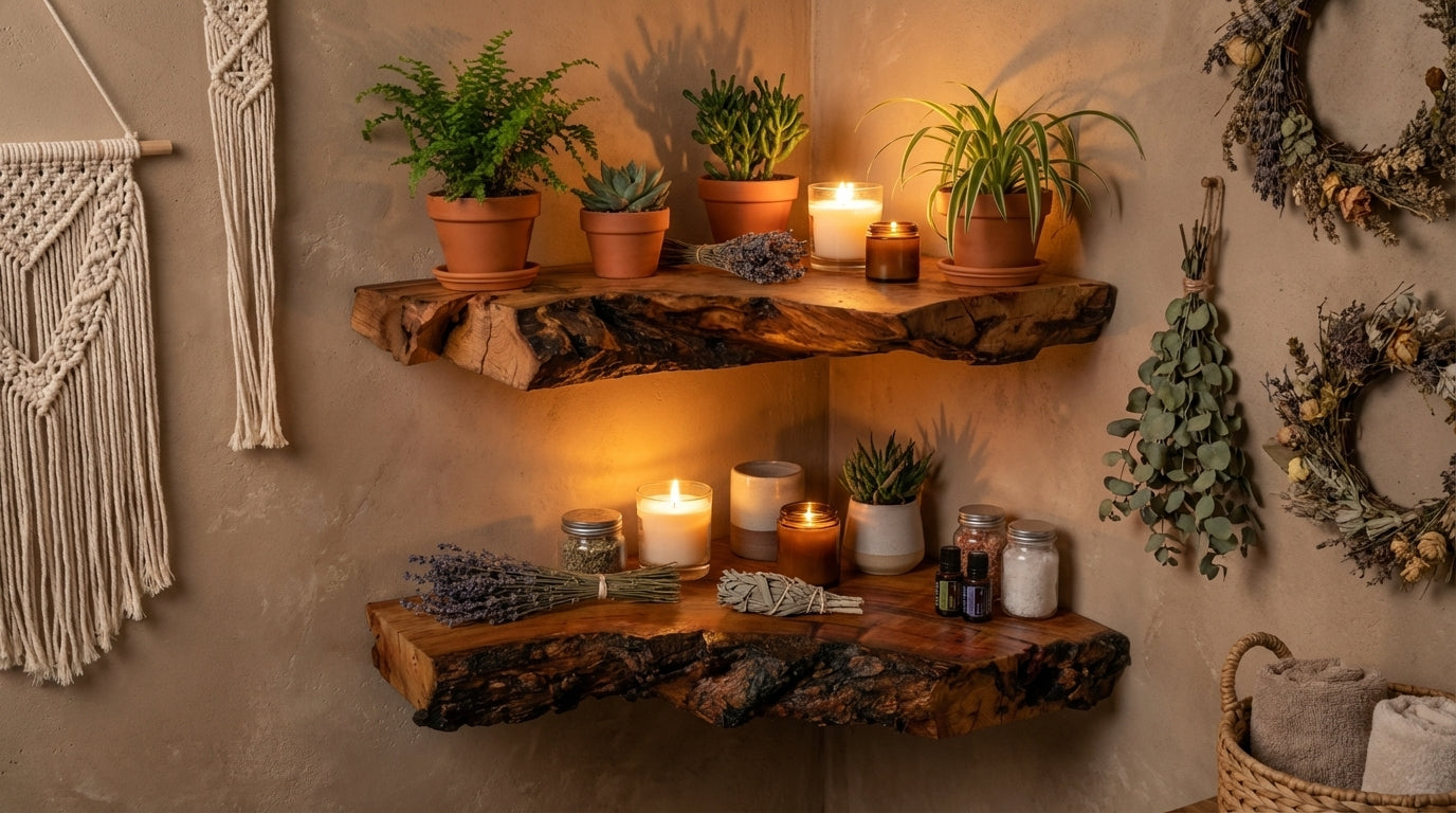 Driftmark Live-Edge Corner Floating Shelf — Nature, Turned Gently