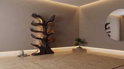 Emberwood Tree Bookshelf – Sculpted Light, Living Form