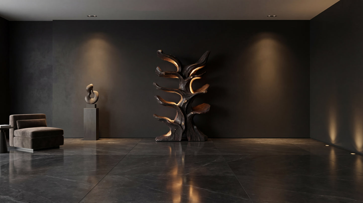 Emberwood Tree Bookshelf – Sculpted Light, Living Form