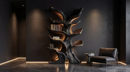 Emberwood Tree Bookshelf – Sculpted Light, Living Form