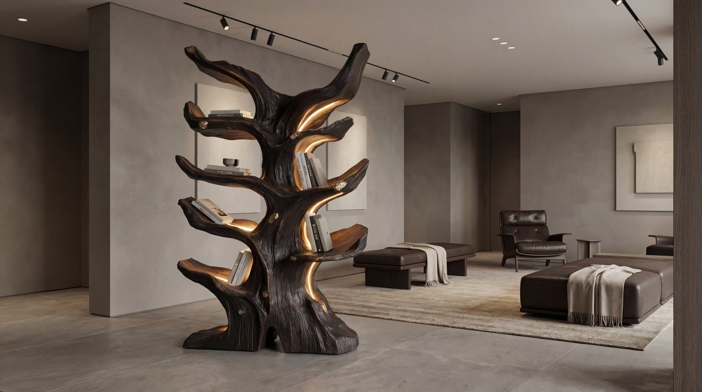 Emberwood Tree Bookshelf – Sculpted Light, Living Form
