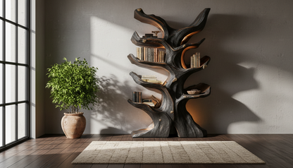 Emberwood Tree Bookshelf – Sculpted Light, Living Form