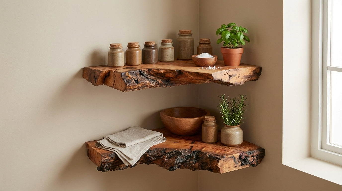 Driftmark Live-Edge Corner Floating Shelf — Nature, Turned Gently
