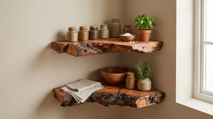 Driftmark Live-Edge Corner Floating Shelf — Nature, Turned Gently