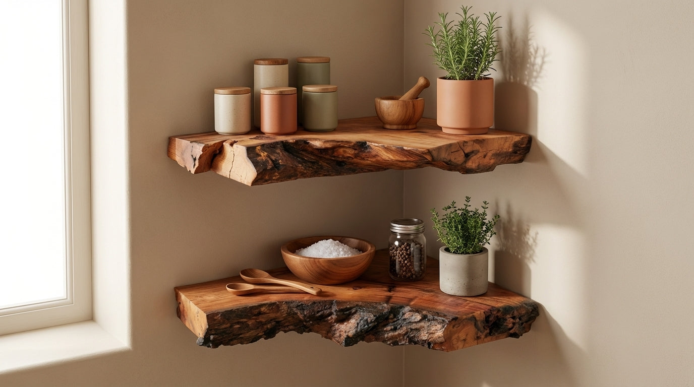 Driftmark Live-Edge Corner Floating Shelf — Nature, Turned Gently