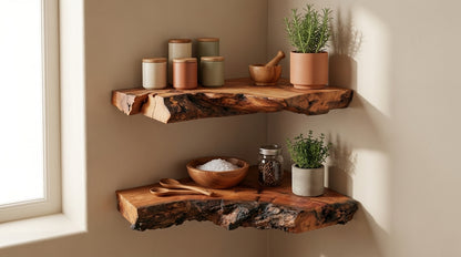 Driftmark Live-Edge Corner Floating Shelf — Nature, Turned Gently