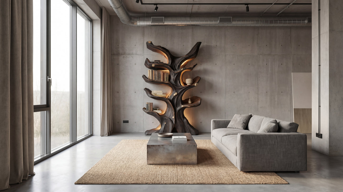 Emberwood Tree Bookshelf – Sculpted Light, Living Form