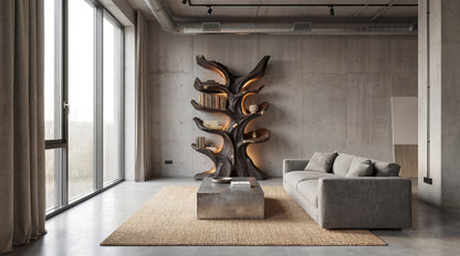 Emberwood Tree Bookshelf – Sculpted Light, Living Form