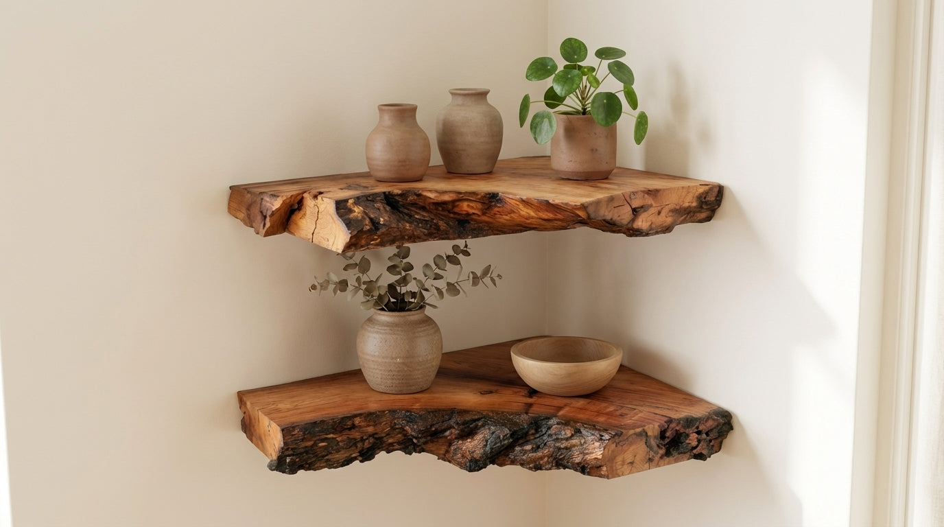 Driftmark Live-Edge Corner Floating Shelf — Nature, Turned Gently