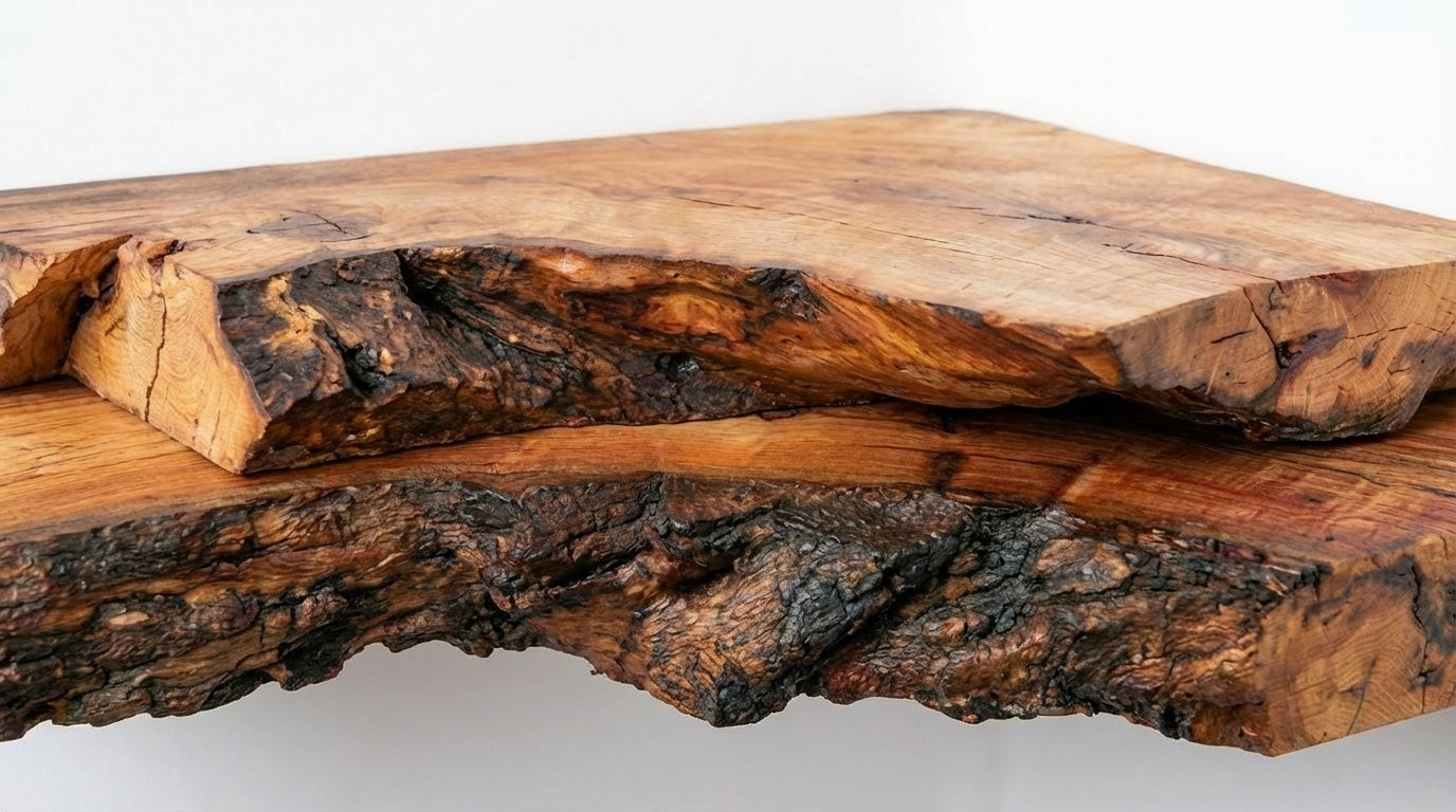 Driftmark Live-Edge Corner Floating Shelf — Nature, Turned Gently