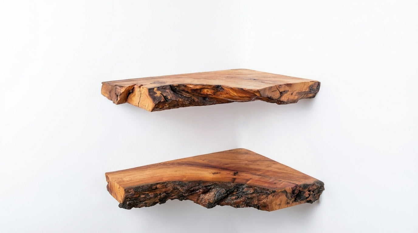 Driftmark Live-Edge Corner Floating Shelf — Nature, Turned Gently