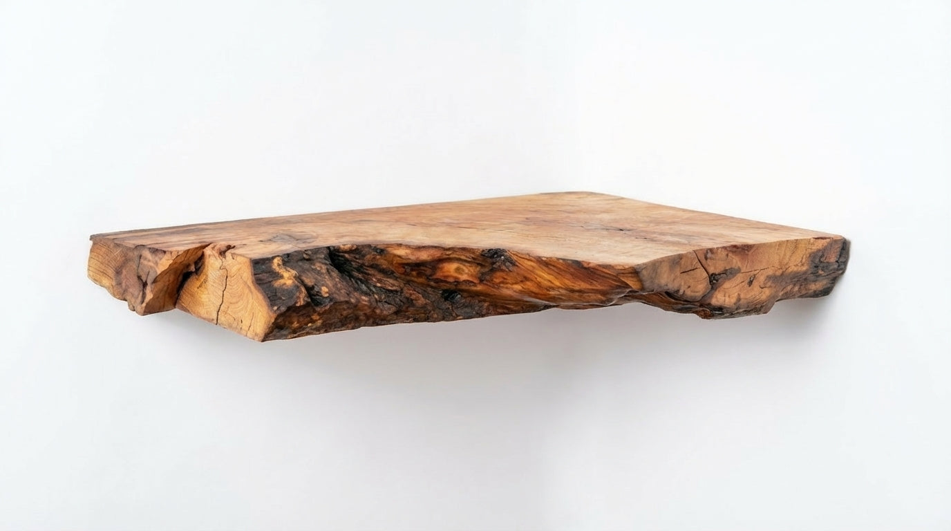 Driftmark Live-Edge Corner Floating Shelf — Nature, Turned Gently