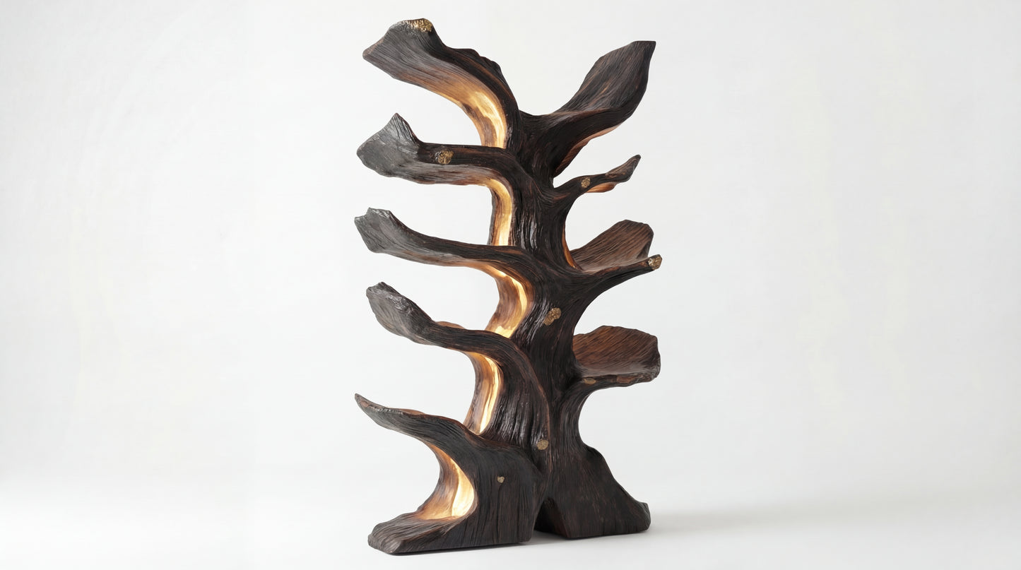 Emberwood Tree Bookshelf – Sculpted Light, Living Form