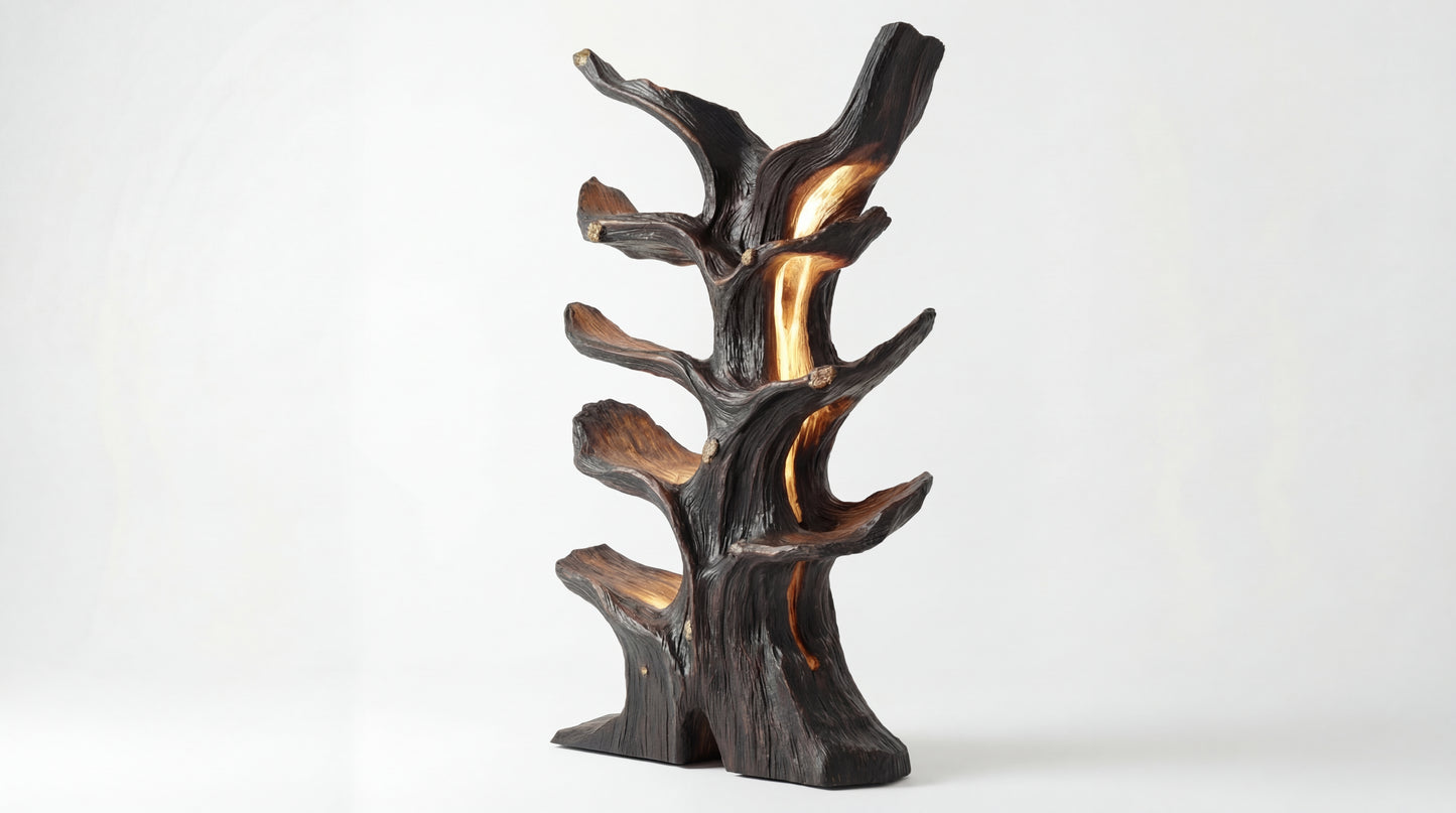 Emberwood Tree Bookshelf – Sculpted Light, Living Form