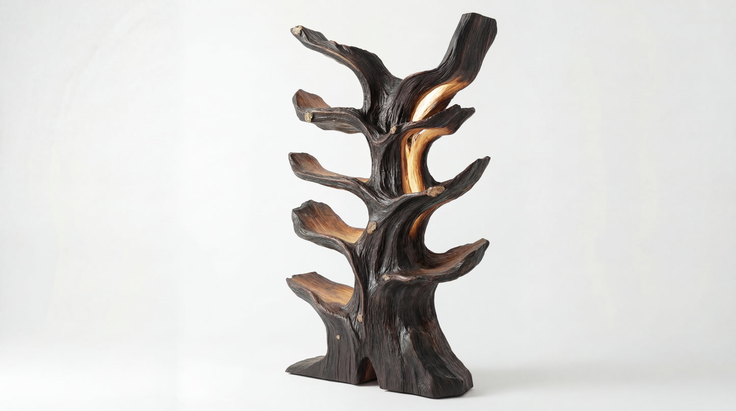 Emberwood Tree Bookshelf – Sculpted Light, Living Form