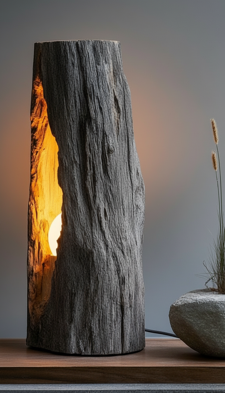 Emberveil Hollow Wood Lamp — Light Born from the Core