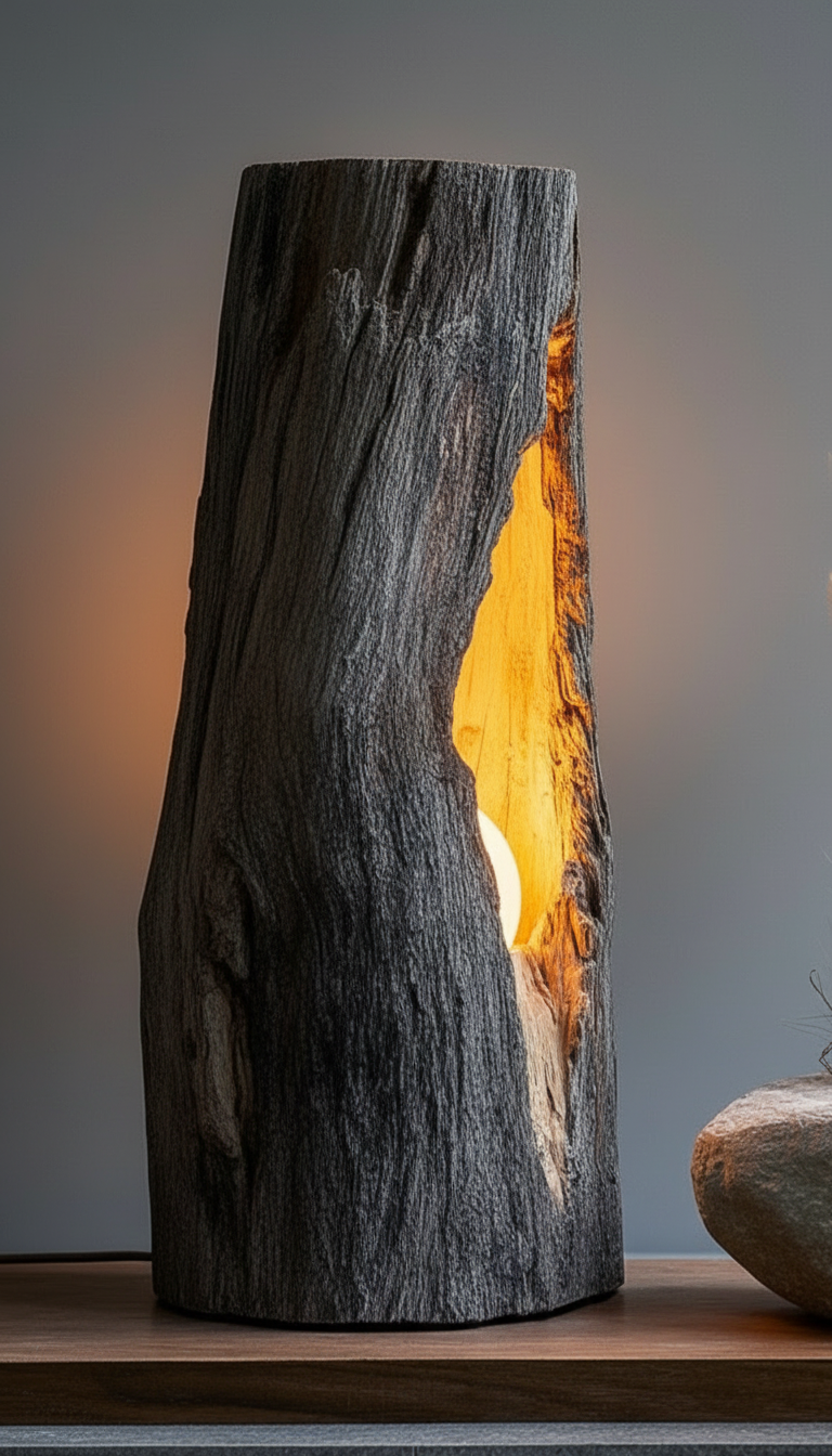 Emberveil Hollow Wood Lamp — Light Born from the Core