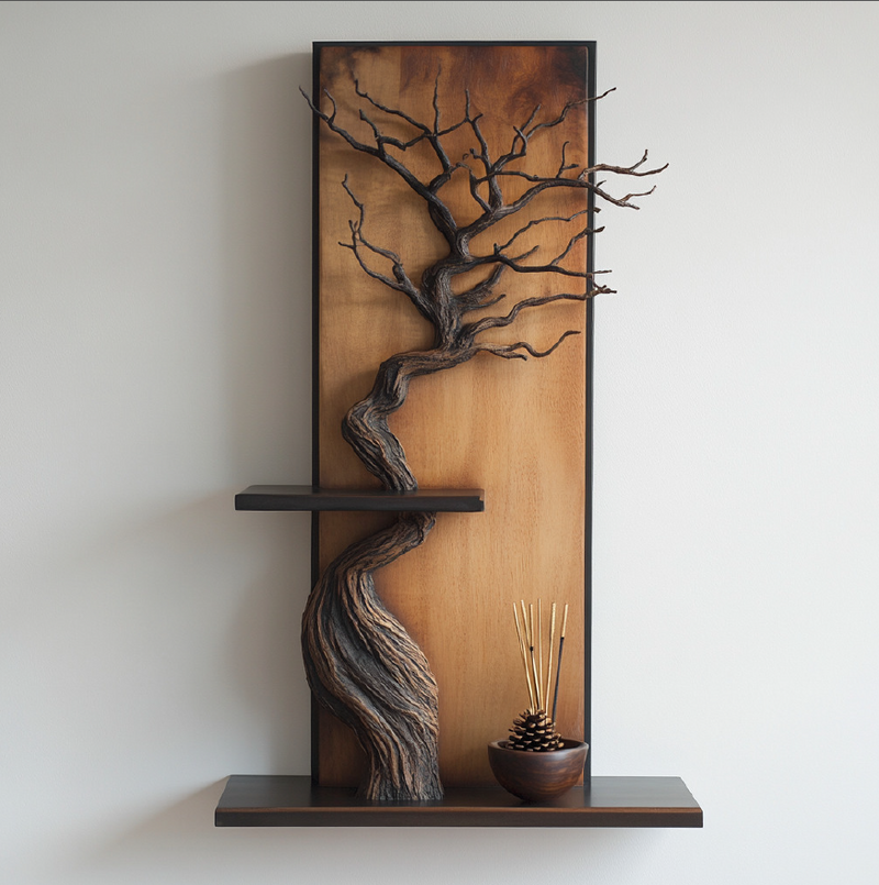 Zenreach Wall Sculpture — Handcarved Tree Branch Panel with Twin Shelves