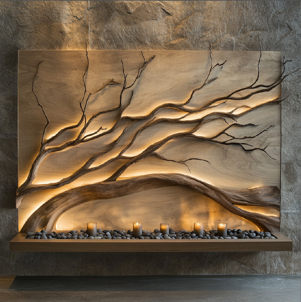 Windswept Horizon Wall Sculpture — Panoramic Wood Panel with Flowing Branches & Candle Ledge