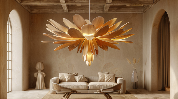 Sunburst Petal Wooden Chandelier - Handcrafted Sculptural Ceiling Light Fixture