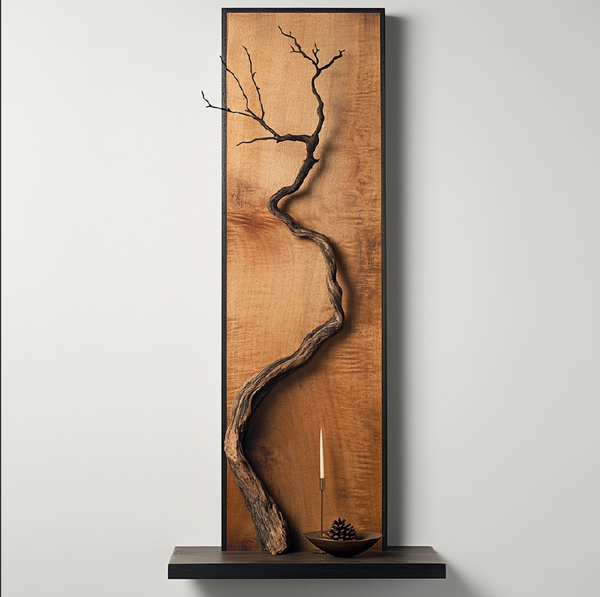 Zen Drift Wall Sculpture — Twisted Vine on Burnt Maple Backdrop