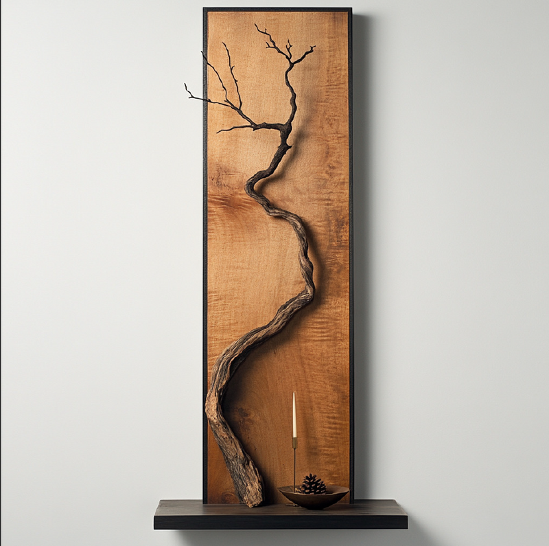 Zen Drift Wall Sculpture — Twisted Vine on Burnt Maple Backdrop
