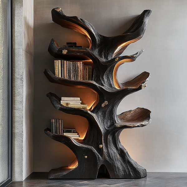 Blackened Root Sculpture Bookshelf - Handcrafted Organic Wooden Shelf with Integrated Lighting