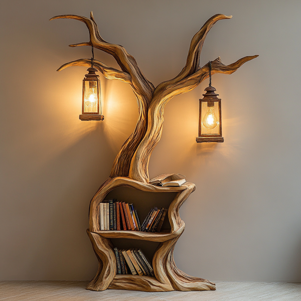 Lantern Tree Bookshelf - Handcrafted Wooden Shelf with Hanging Lantern Lights
