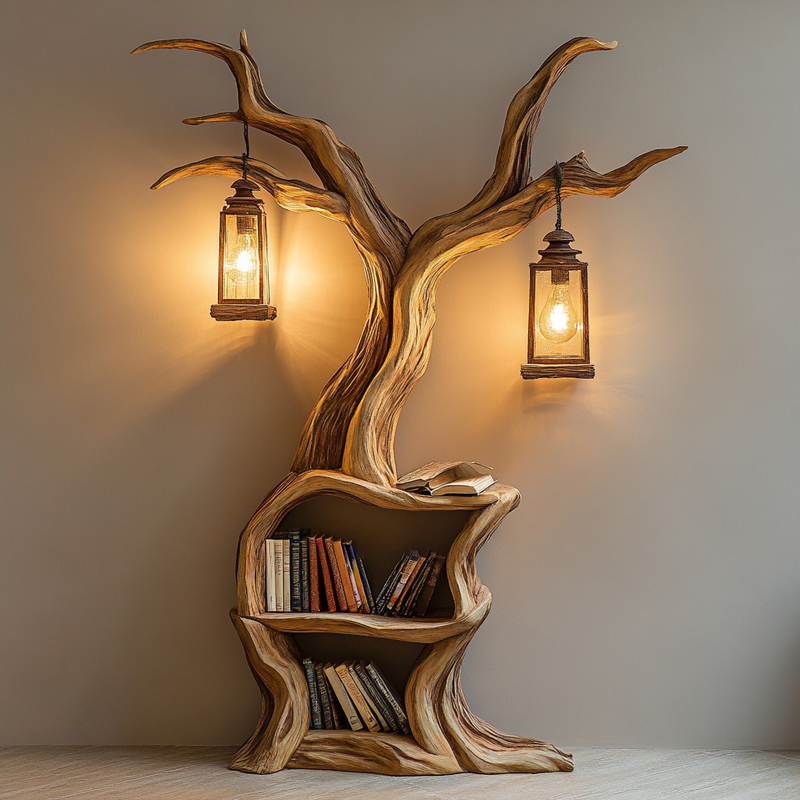 Lantern Tree Bookshelf - Handcrafted Wooden Shelf with Hanging Lantern Lights