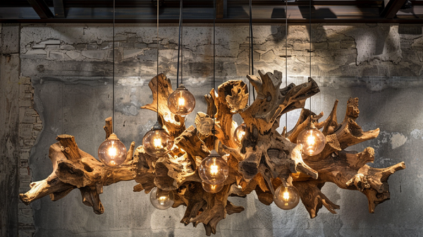 Root Cluster Chandelier - Handcrafted Driftwood Ceiling Light with  Glass Globe Pendants