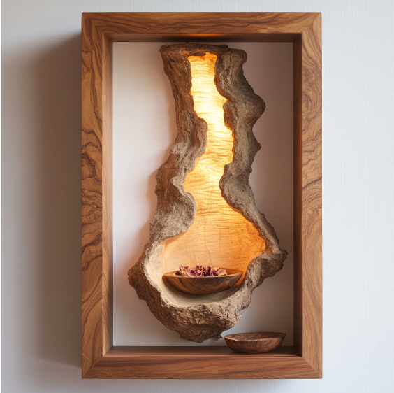 Illuminated Hollow Trunk Wall Niche - Sculptural Wooden Art with  Soft Lighting