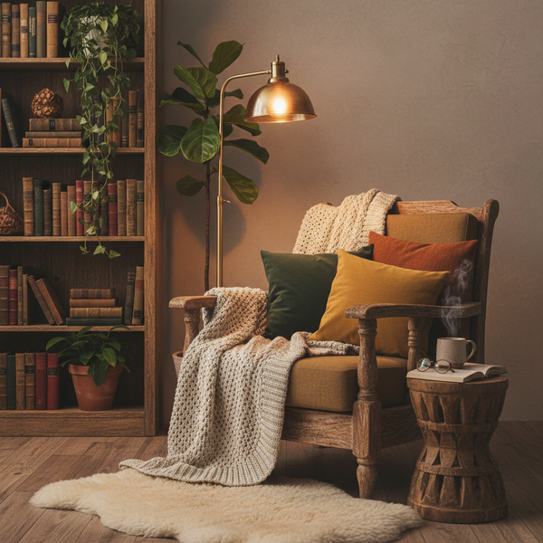 Reading nook with wooden furniture