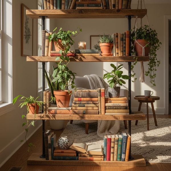 Rustic bookshelf with books and plants