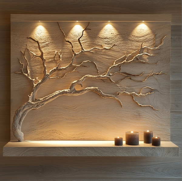 Whisperbranch — Sculpted Wall Panel with Driftwood Silhouette and Soft Uplighting