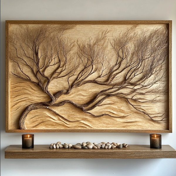 Serenity Flow Panel — Carved Wood Wall Art with Windswept Branches & Pebble Ledge