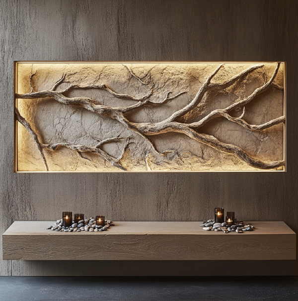 Earthen Veins — Sculpted Wall Relief with Driftwood Branches and Clay Texture