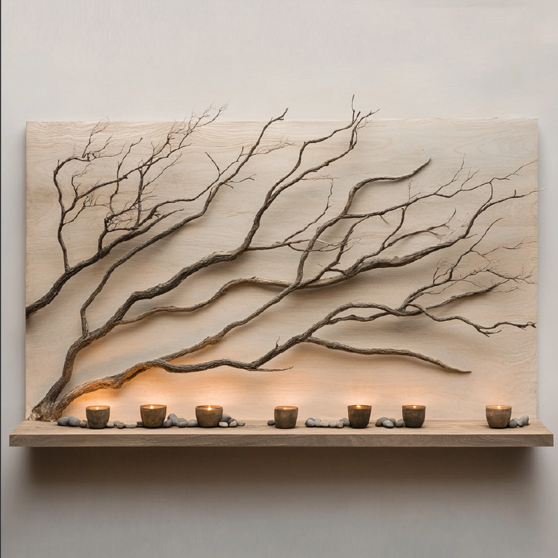 Zephyr Panel — Natural Driftwood Branches on Pale Ash with Tea-Light Ledge