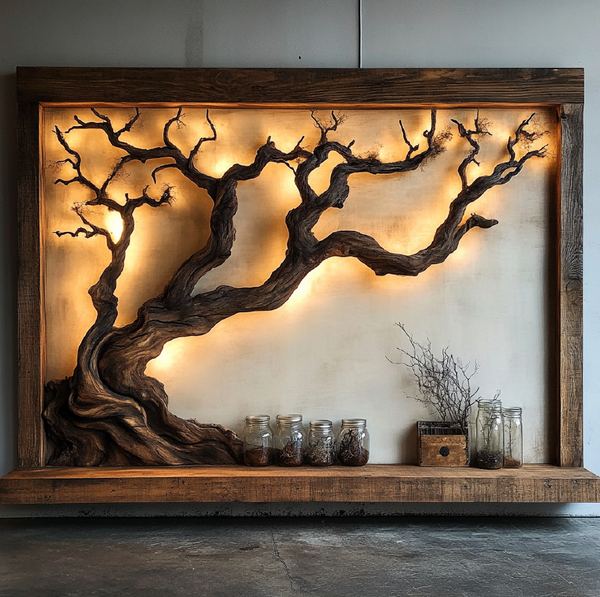 Twilight Root — Illuminated Driftwood Wall Panel with Rustic Shelf