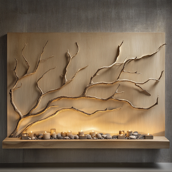 Wanderlight Panel — Curved Driftwood Wall Sculpture with Candle Ledge & Pebble Grove