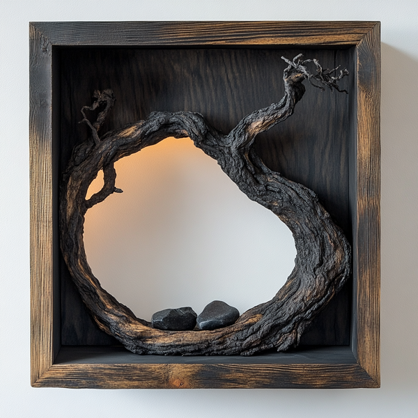 Circular Driftwood Shadowbox Wall Art - Handcrafted Wooden Zen Frame with Charred Finish