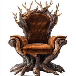 Throne of Roots Armchair - Handcrafted Wooden Root Sculpture Chair with Velvet Upholstery