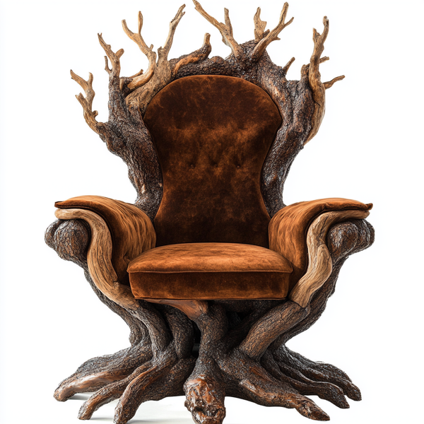 Throne of Roots Armchair - Handcrafted Wooden Root Sculpture Chair with Velvet Upholstery