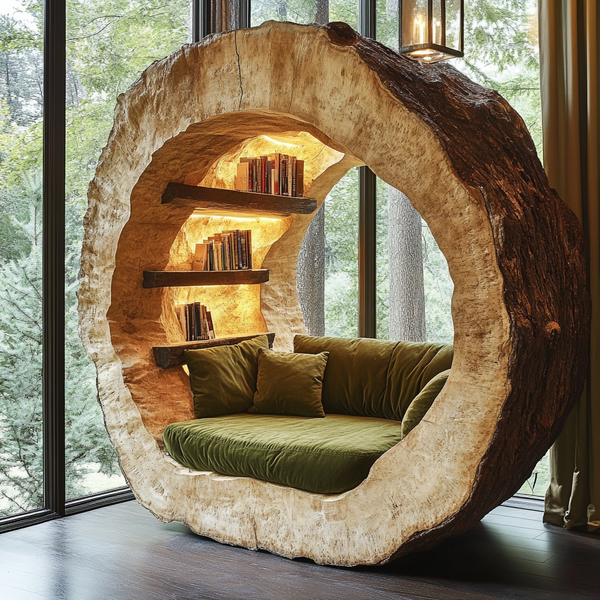 Hollow Tree Reading Nook - Handcrafted Circular Wooden Library Pod with Shelves & Seating