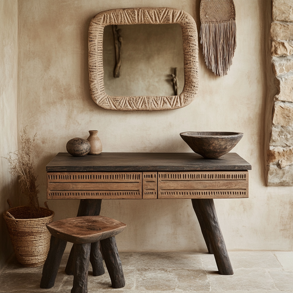 Tribal Root Wooden Vanity Table - Handcrafted Rustic Desk with Carved Detailing & Stool