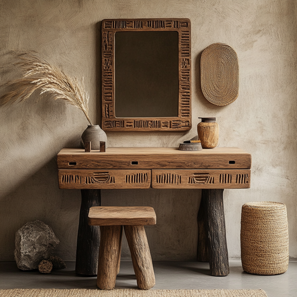 Tribal Roots Wooden Vanity Table - Handcrafted Rustic Dressing Table with Mirror & Stool