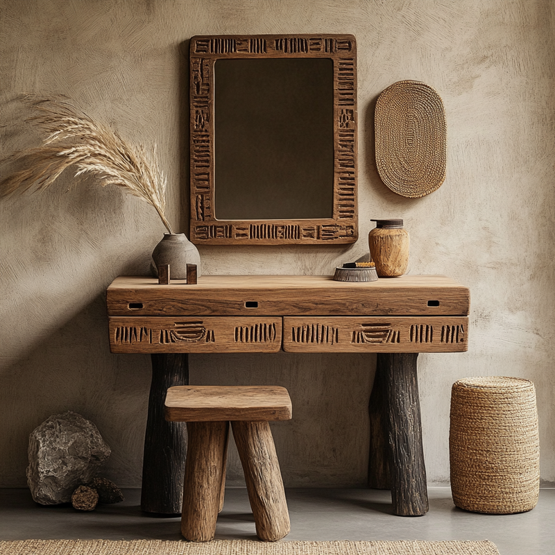 Tribal Roots Wooden Vanity Table - Handcrafted Rustic Dressing Table with Mirror & Stool