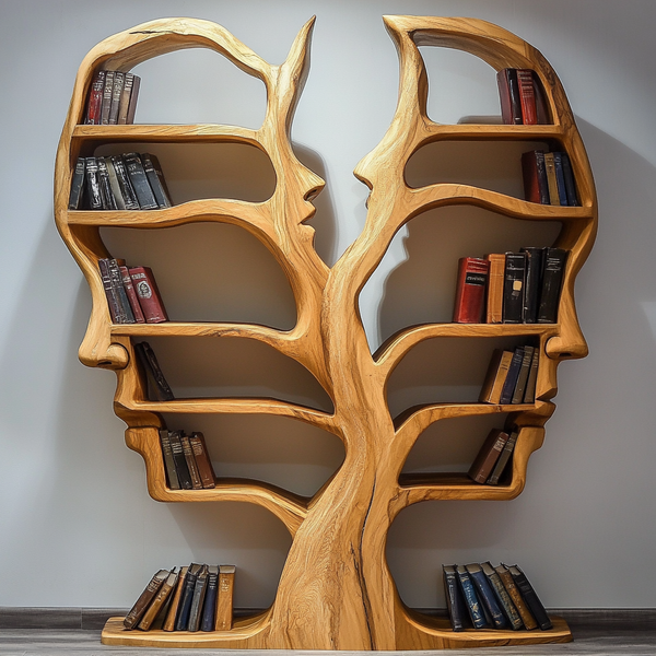 Double Profile Wooden Bookshelf - Handcrafted Sculptural Bookshelf with Facing Silhouettes