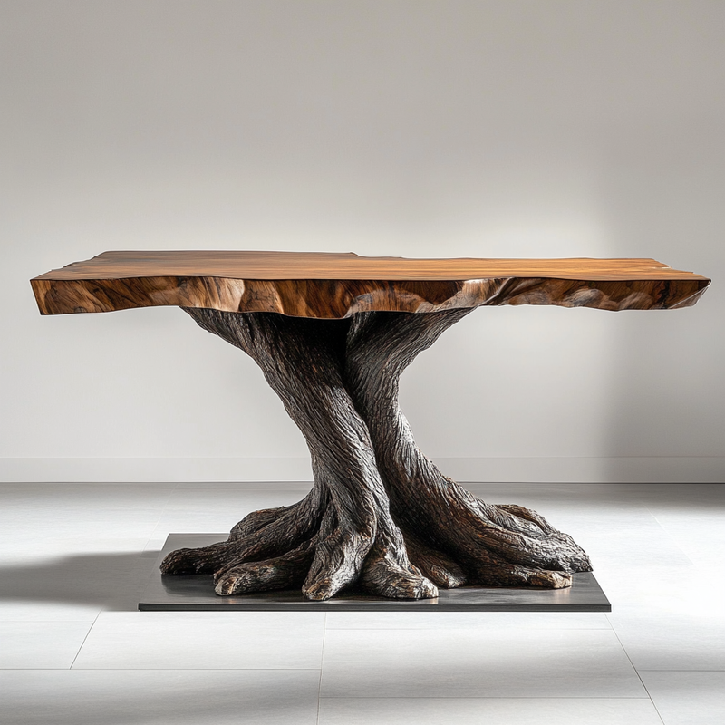 Twisted Trunk Console Table - Handcrafted Live-Edge Wooden Table with Sculptural Tree Base